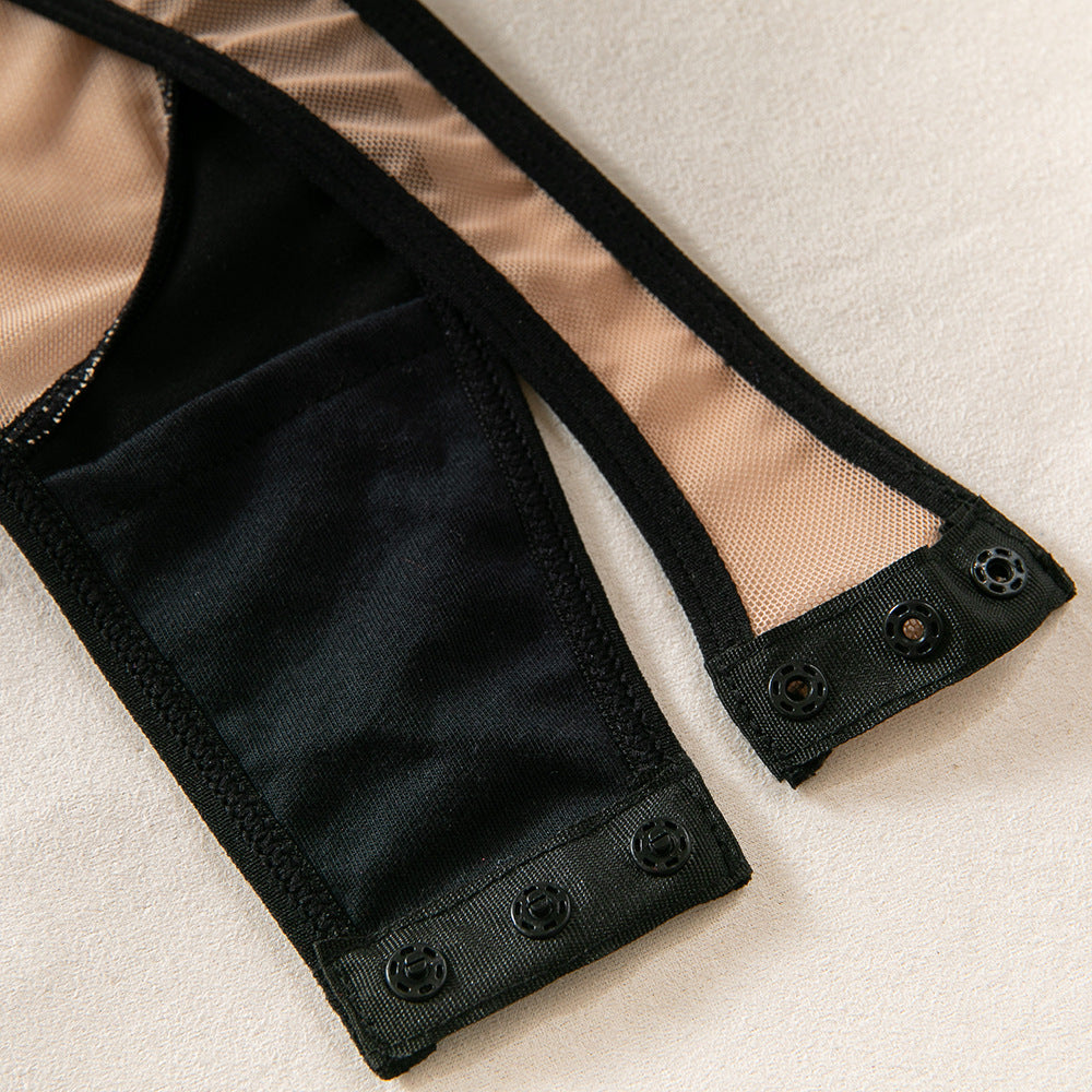 PU Leather & Mesh Halter Neck Bodysuit | Sheer Slim-Fit Onesie