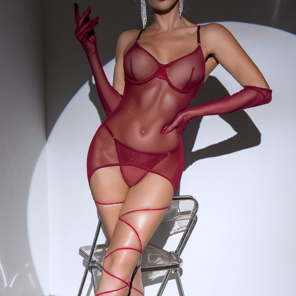 Sheer Mesh Backless Strap Glove Lingerie Set