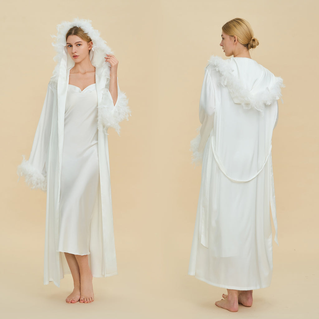 Slip Dress & Hooded Marabou Robe Set | Luxury Ice Silk Sleepwear