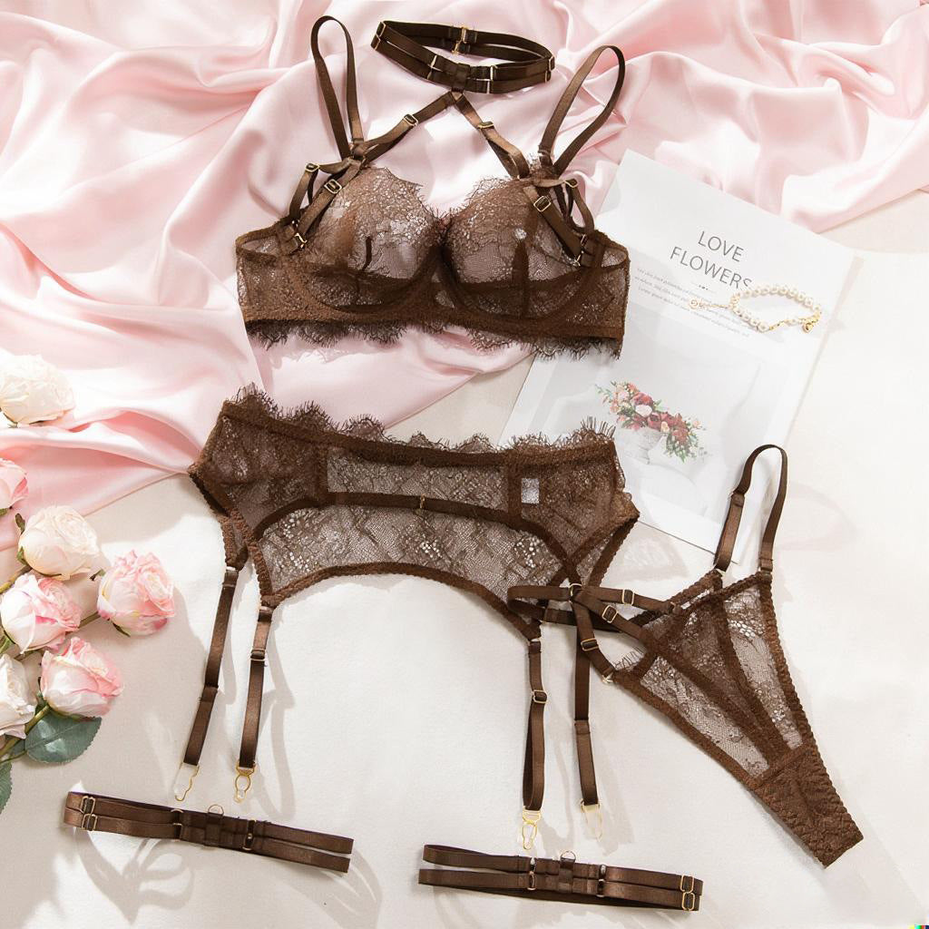 Lace Eyelash Frill Hollow-Out Halter Bra & Garter 4-Piece Lingerie Set