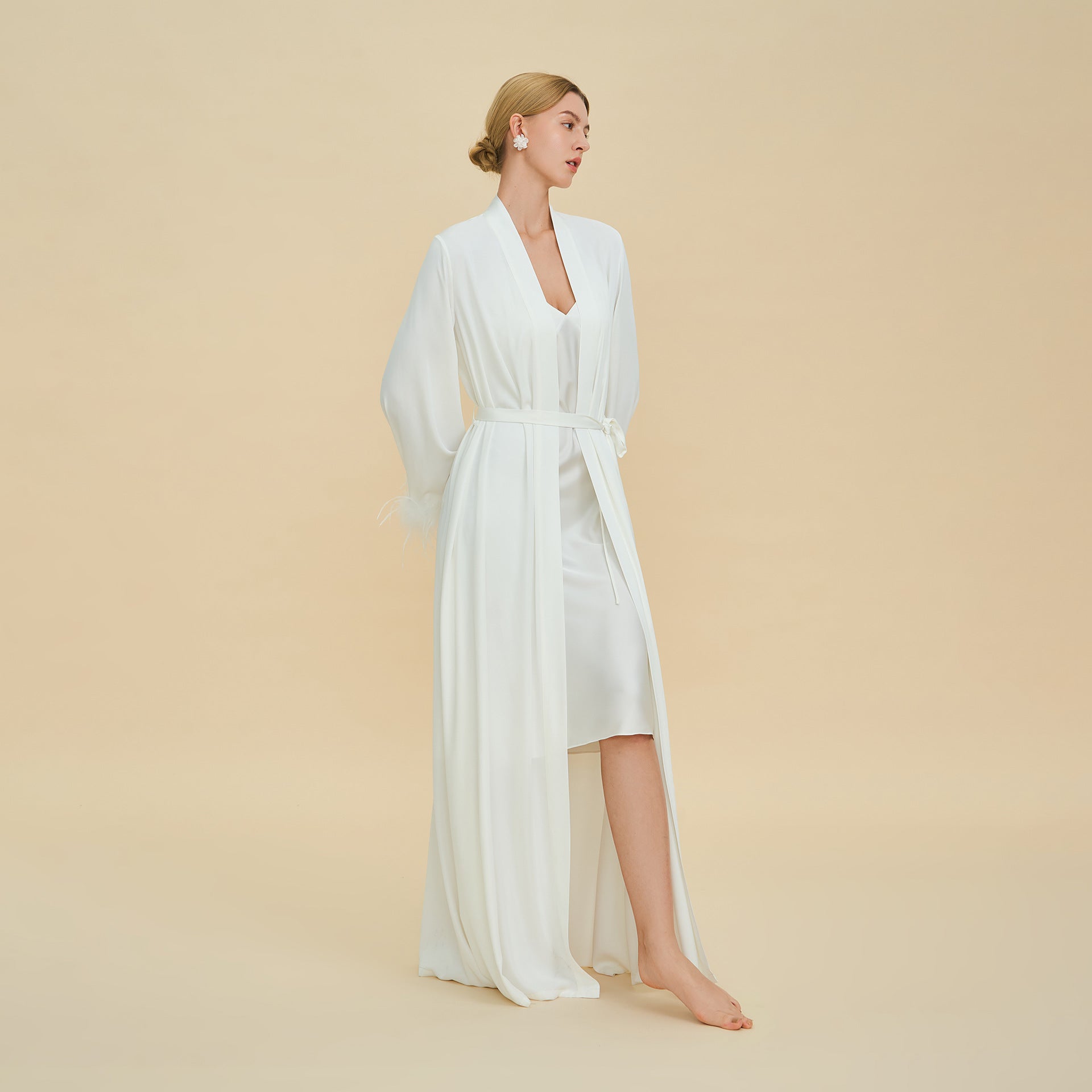 Feather Trim Luxury Robe | High-End Satin Bathrobe for Women