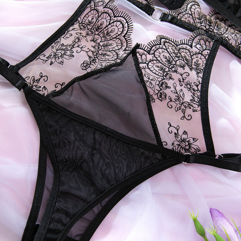 3D Embroidery Sheer Backless Bodysuit | Gathering Splicing Lingerie