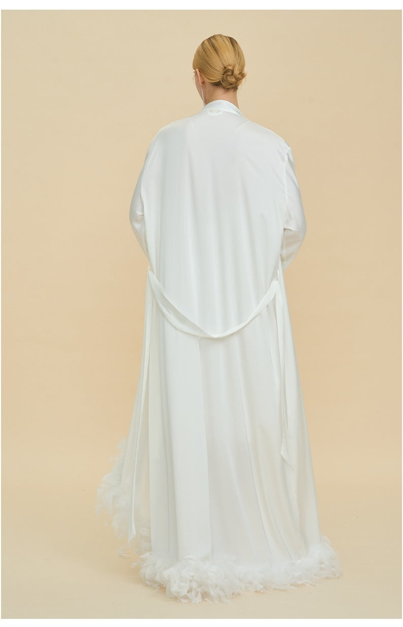 Feather Trim Trailing Long Morning Robe | Luxury Nightgown Robe