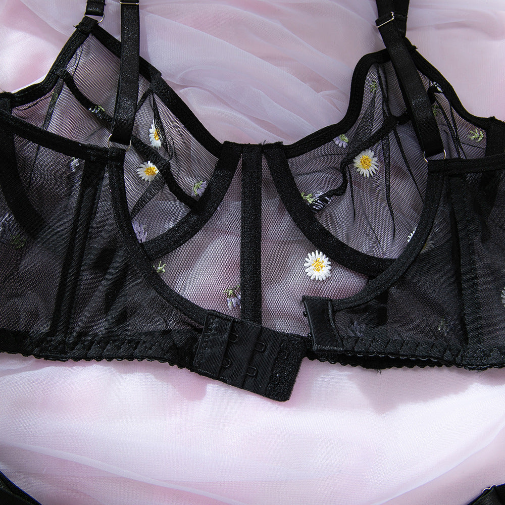 Daisy Embroidered Boned Corset Lingerie Set