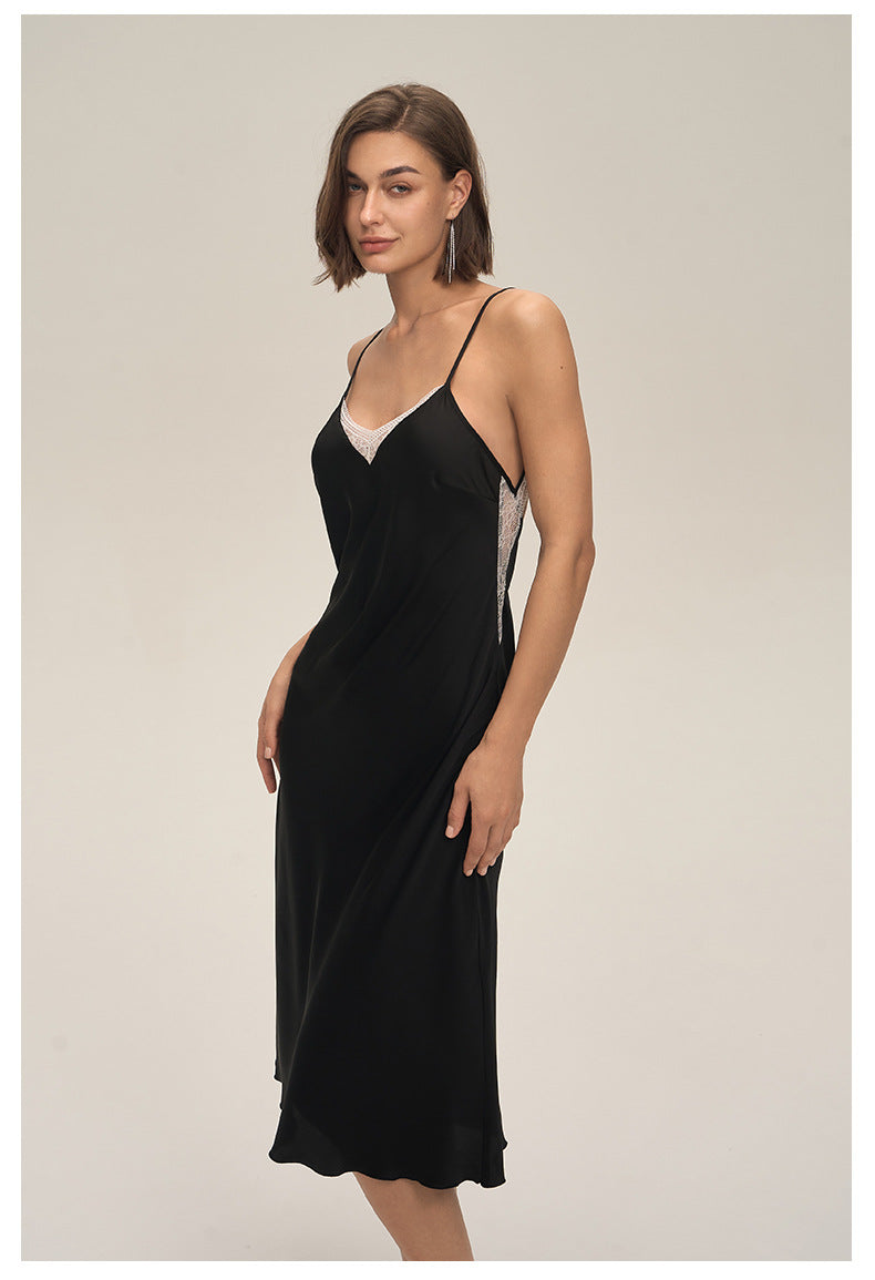Satin Chiffon Lace Spaghetti Strap Mid-Length Nightdress — Sexy Loungewear