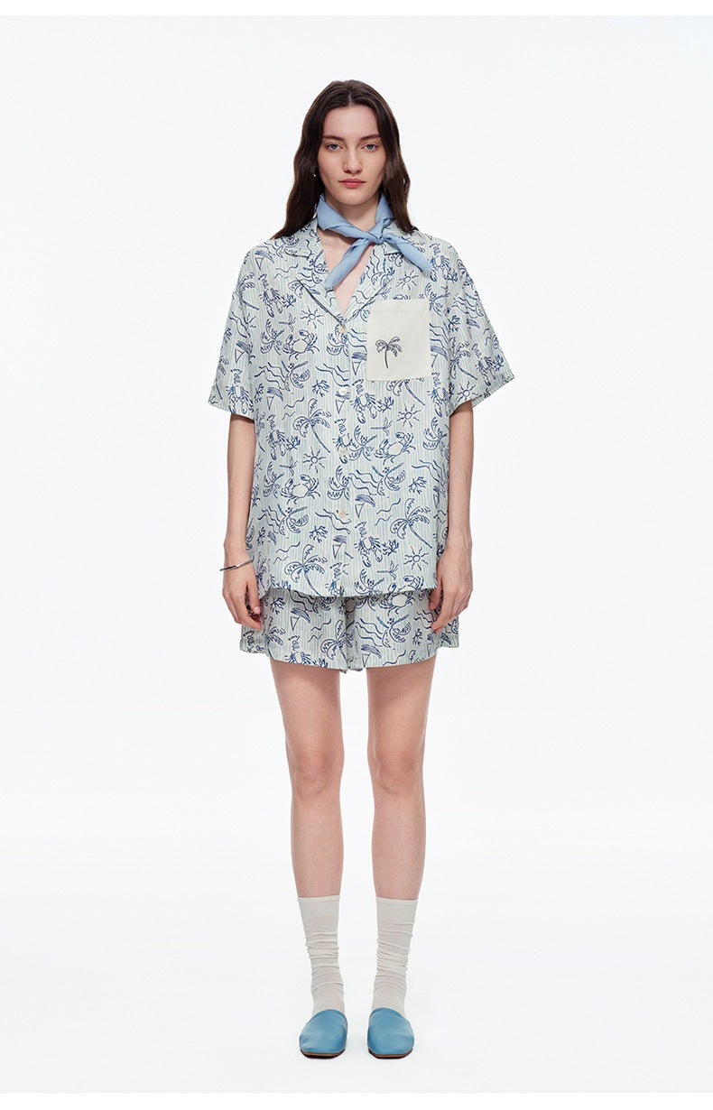Blue Island Print Short Sleeve Pajama Set | Summer Loungewear You Can Wear Outside