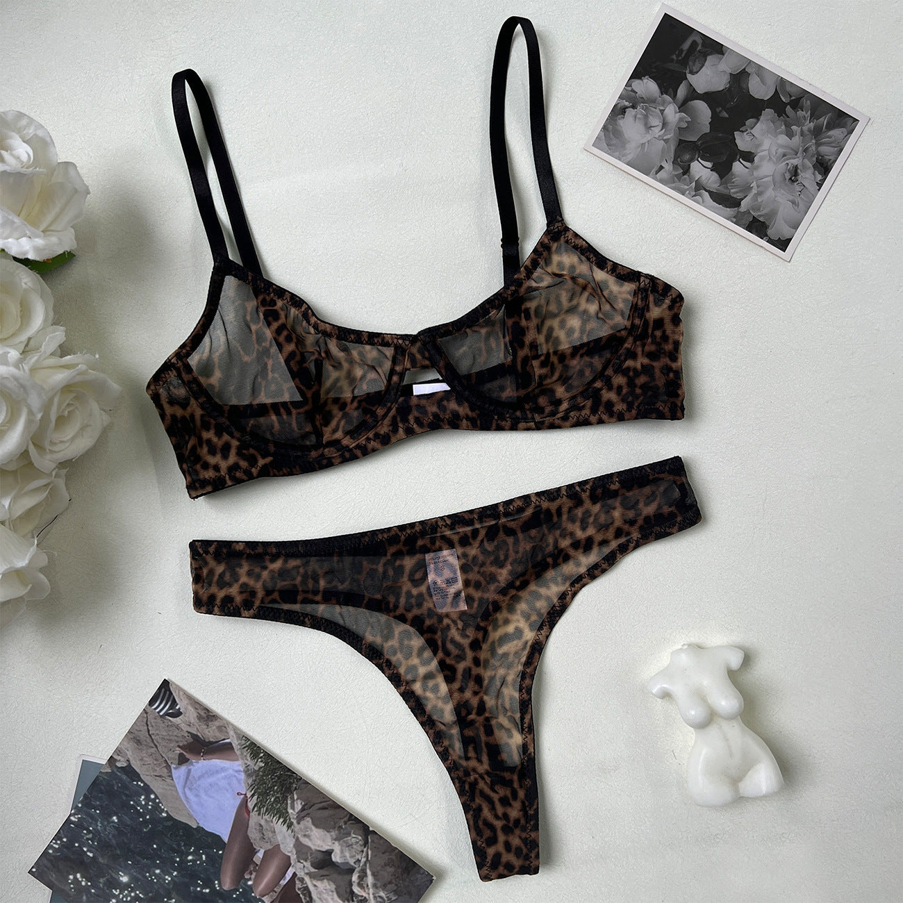Leopard Print Sheer Mesh Bra Set – French Ultra-Thin, Anti-Sag | 4 Colors
