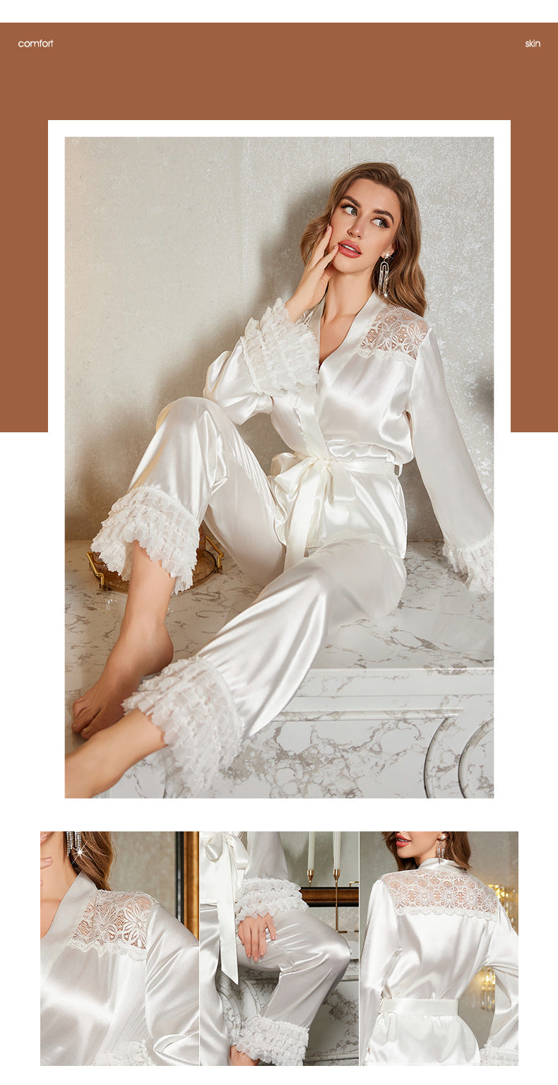 Lace Trim Ice Silk Pajama Set – Long Sleeve & Pants