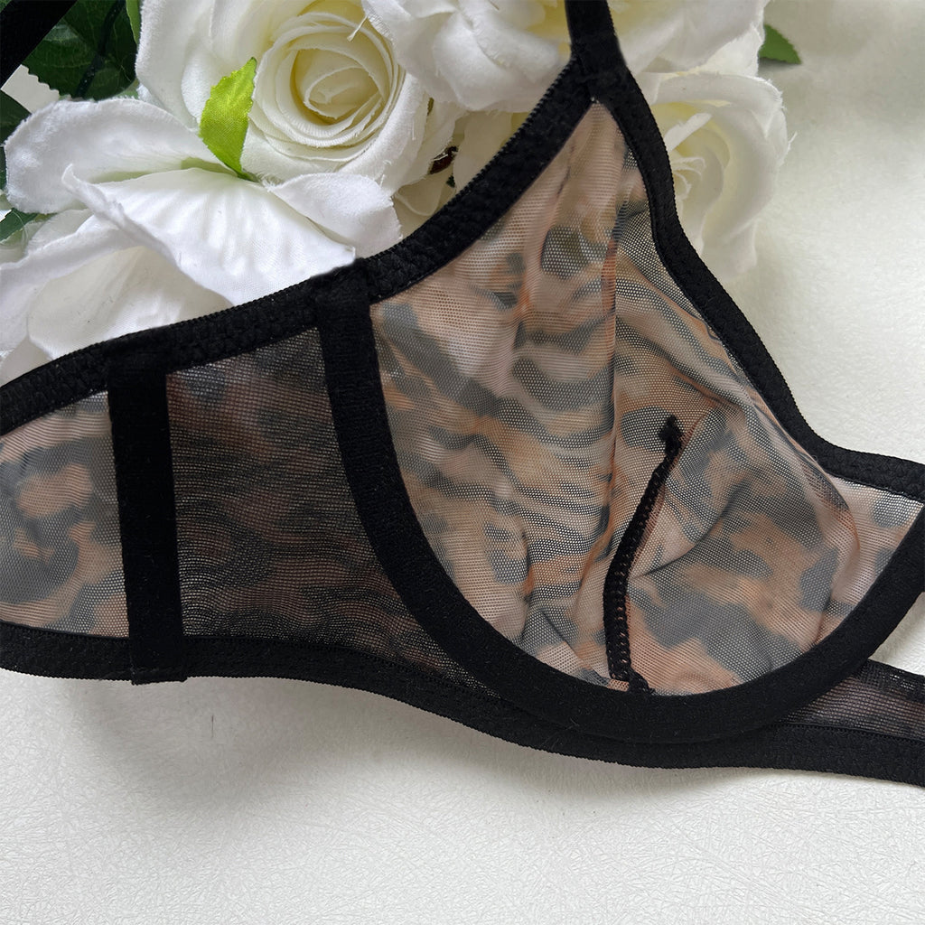 Leopard Print Sheer Mesh Bra Set – French Ultra-Thin, Anti-Sag | 4 Colors