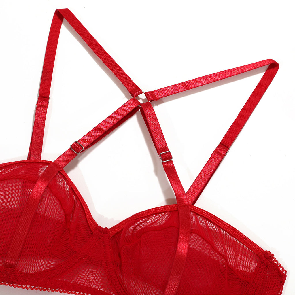 Sheer Mesh Cutout Cross-Strap Gathering