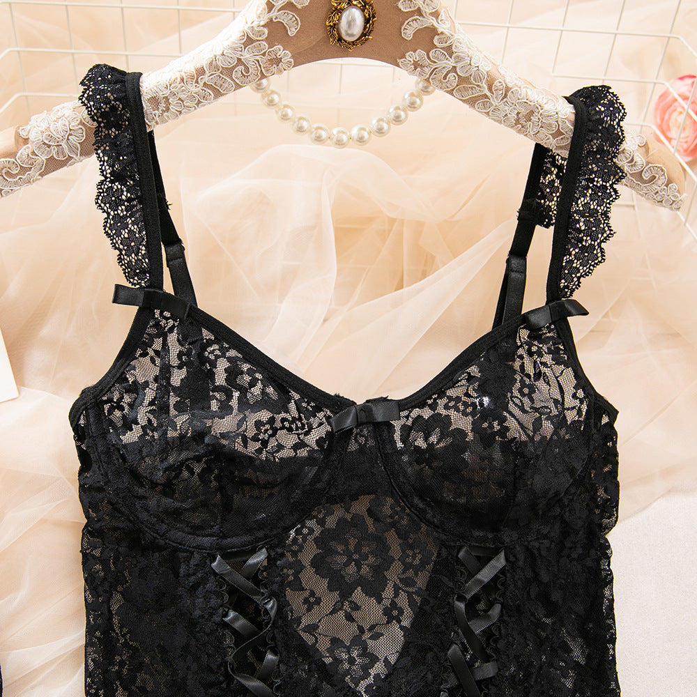 Lace Mesh Lingerie Set with Stockings | Strap Gathering Slim Fit