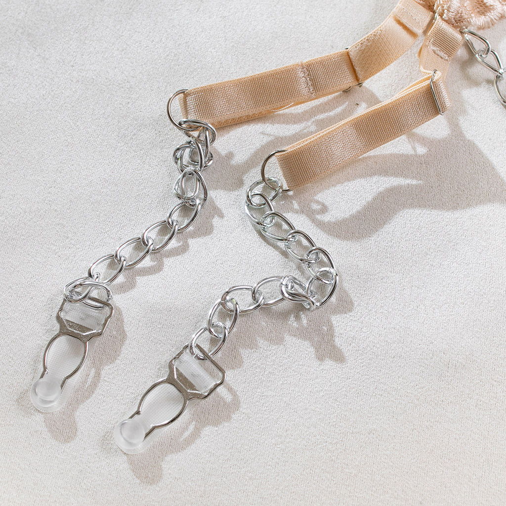 Metal Chain & Embroidered Heart Lingerie Set | Four-Piece with Leg Garter