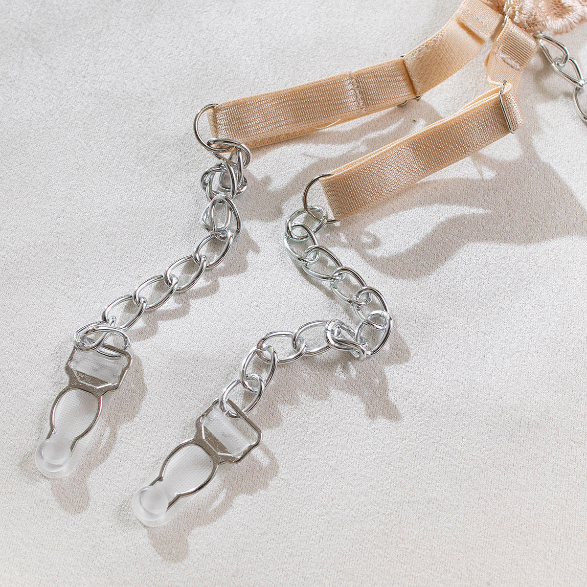 Metal Chain & Embroidered Heart Lingerie Set | Four-Piece with Leg Garter