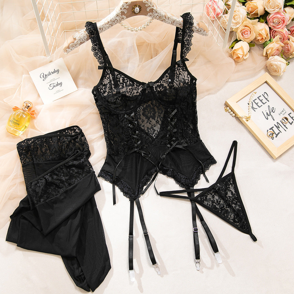 Lace Mesh Lingerie Set with Stockings | Strap Gathering Slim Fit