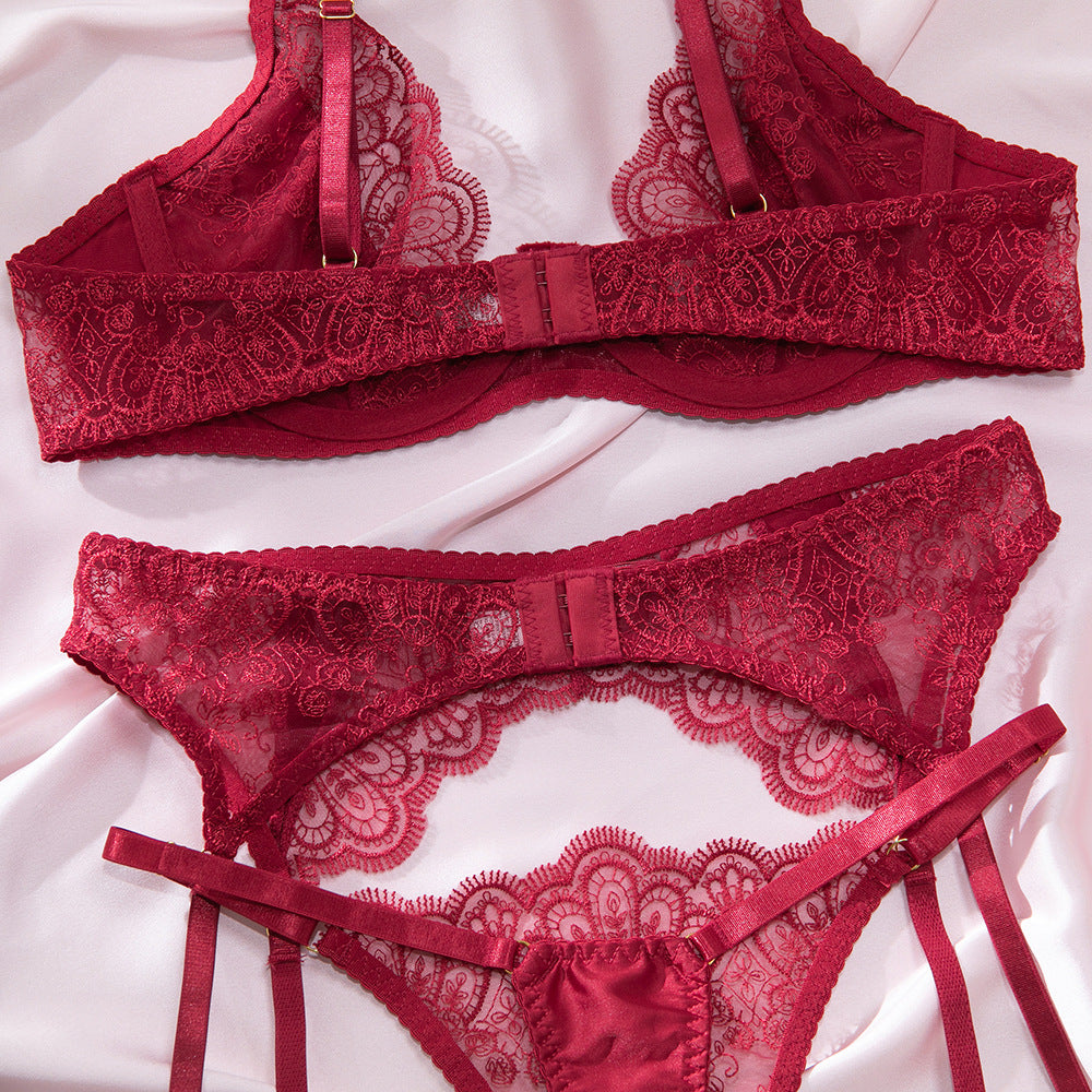 Burgundy Lace Embroidery Eyelash Trim Sheer Bra Lingerie Set