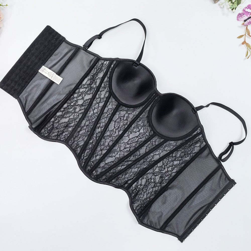 Mesh Off-Shoulder Lace Fishbone Corset Bra
