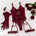 Strappy Patchwork Bodycon Gloves 3-Piece Lingerie Set