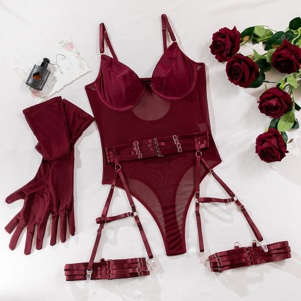 Strappy Patchwork Bodycon Gloves 3-Piece Lingerie Set