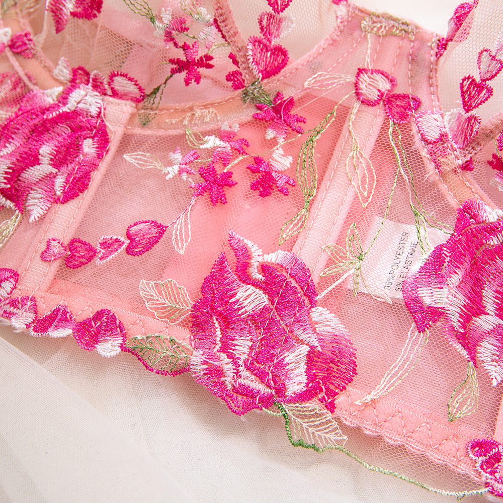 Pink Floral Embroidery Sheer Mesh Underwire Fishbone Bra Set