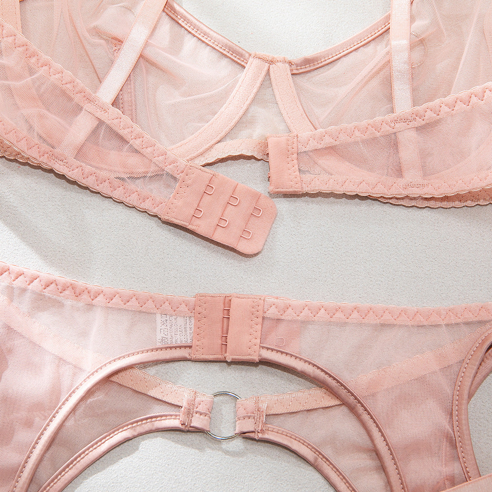 Sheer Mesh Gathering Bra Lingerie Set with Body Chain Accessories