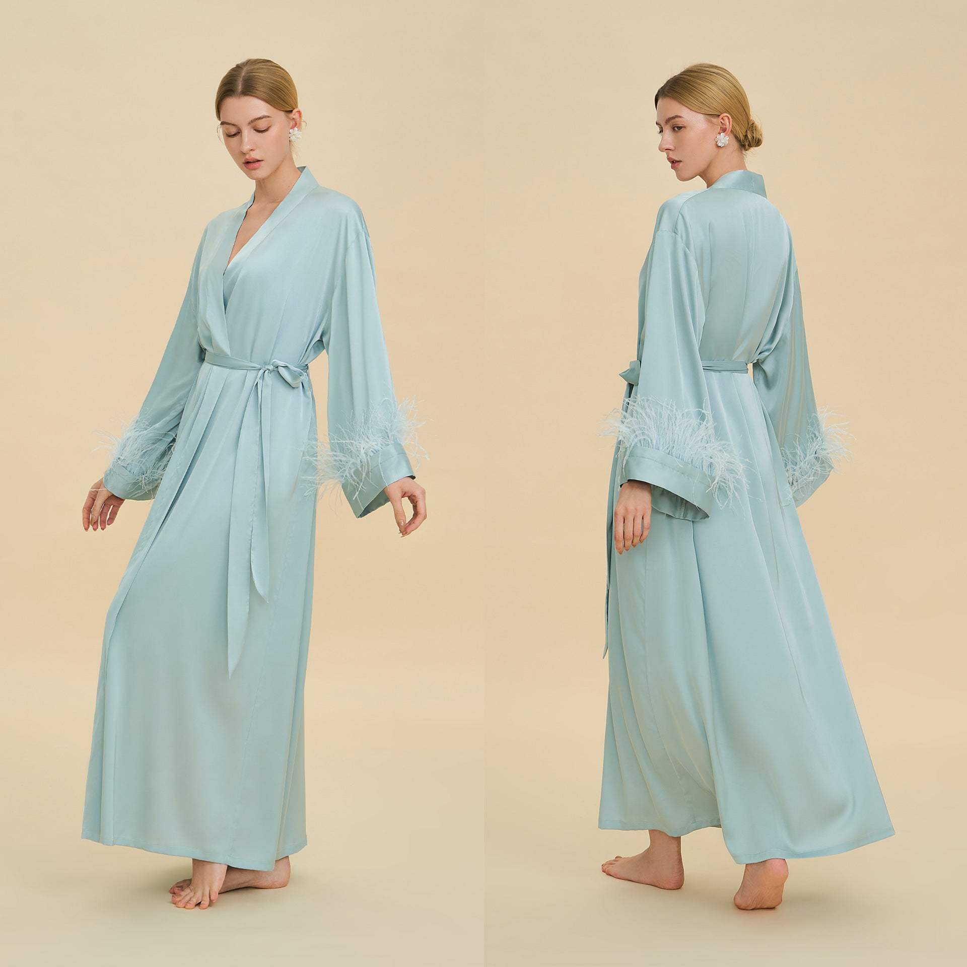 Ostrich Feather Cape Robe | Acetate Satin Luxury Loungewear