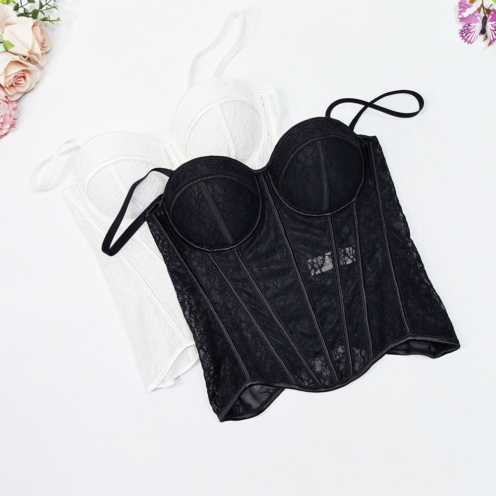 Mesh Off-Shoulder Lace Fishbone Corset Bra