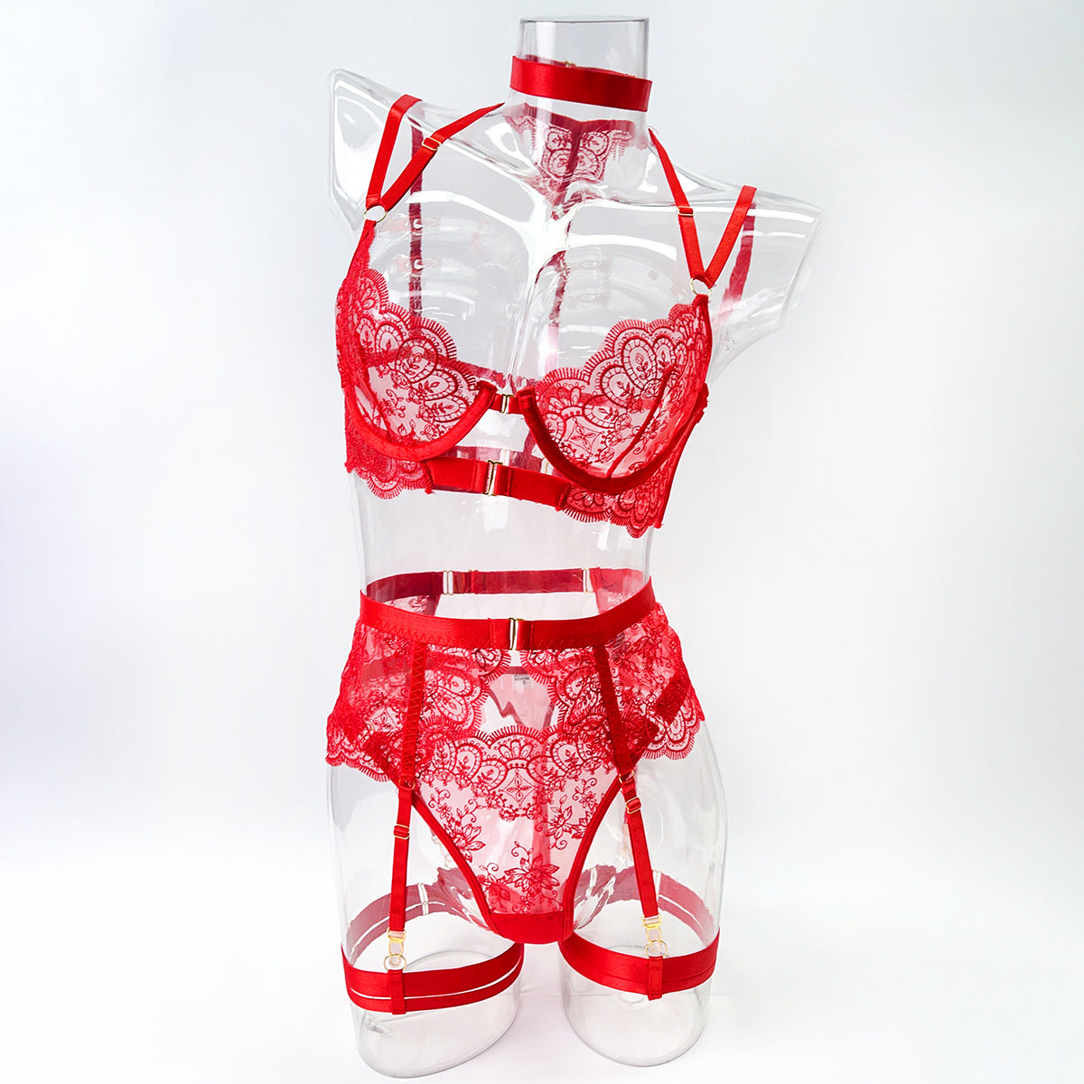 Lace Embroidered Lingerie Set — Sheer Mesh Front-Clasp Four-Piece