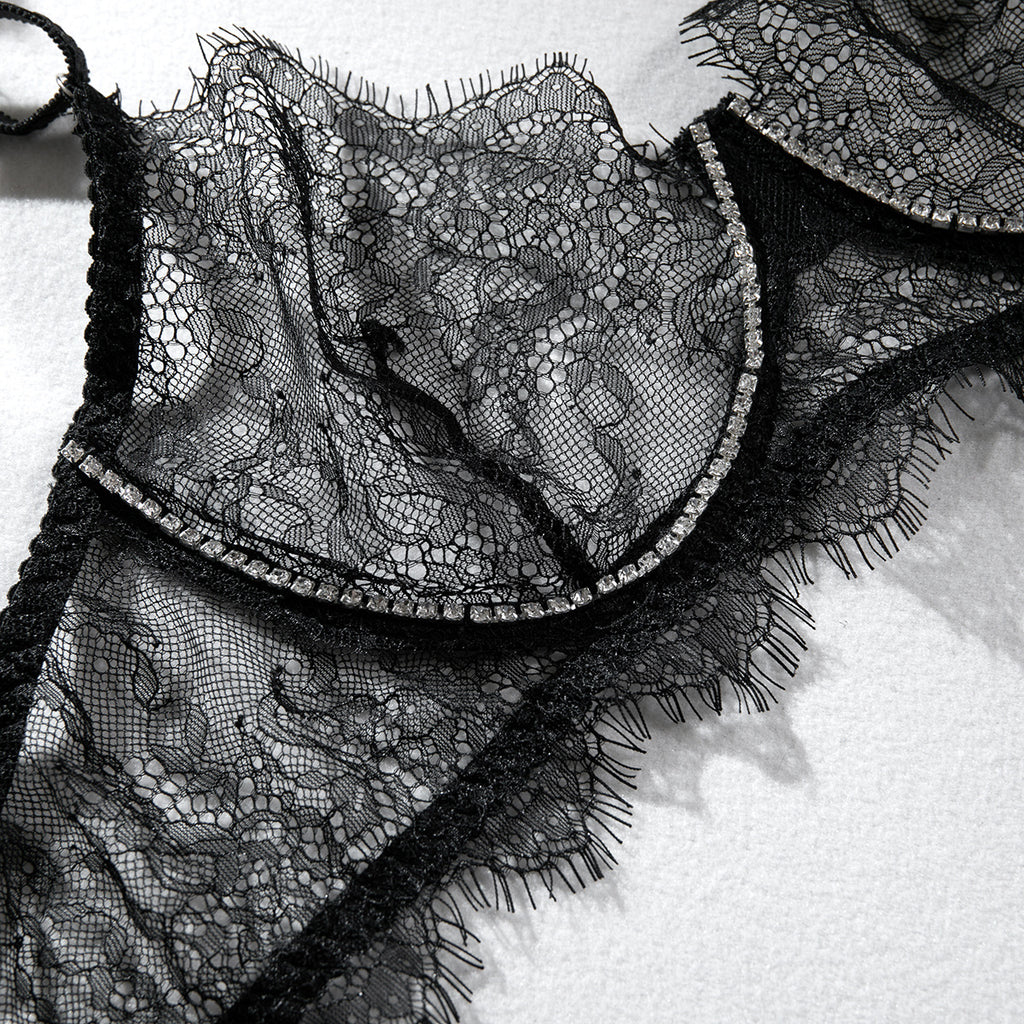 Crystal Lace Sheer Gathering Lingerie Four-Piece Set