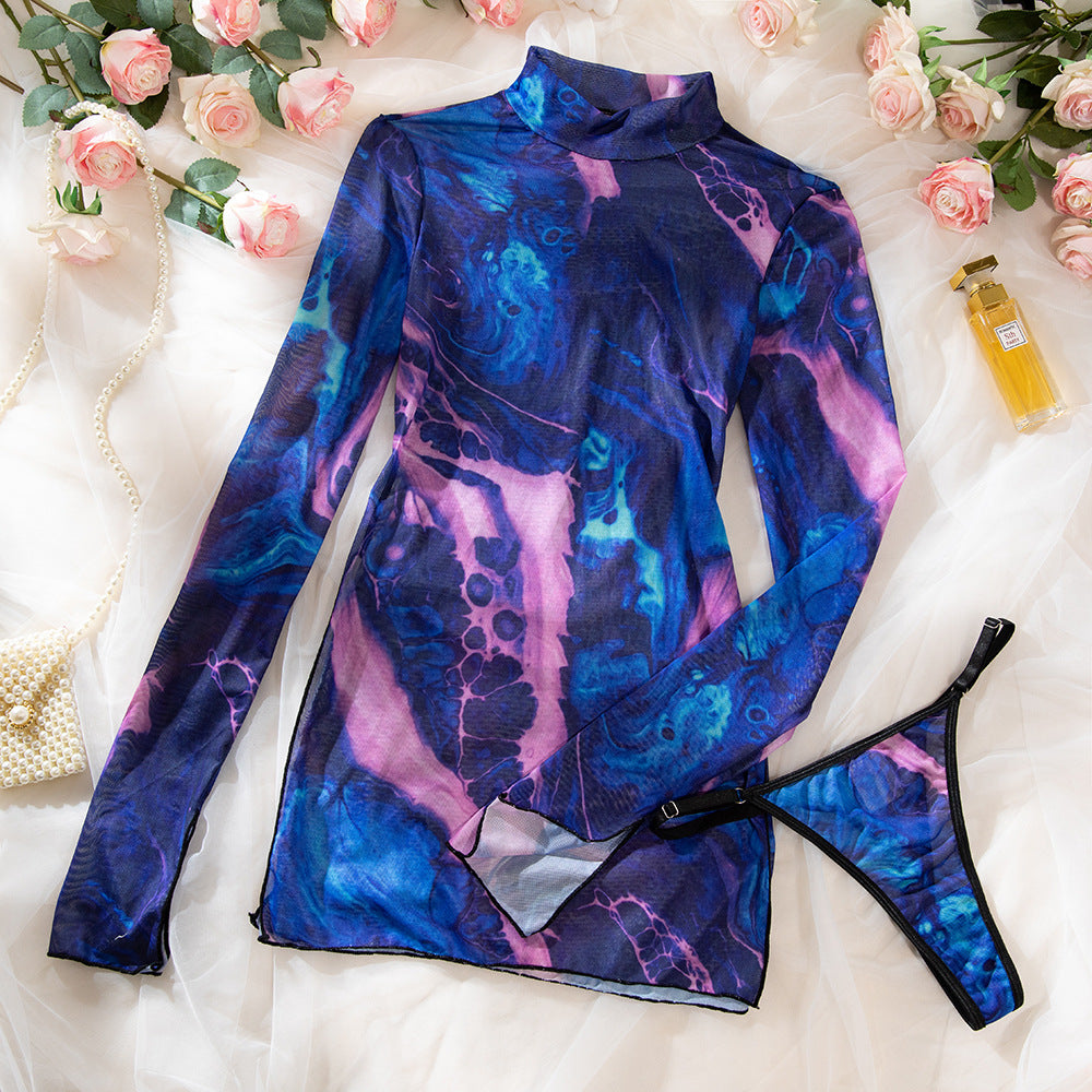 Tie-Dye Sheer Mesh High Neck Slit Dress Set