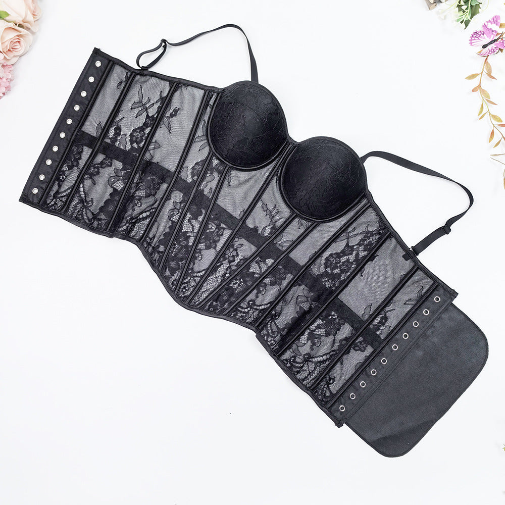 Lace Mesh Waist-Cinching Corset Bustier Top