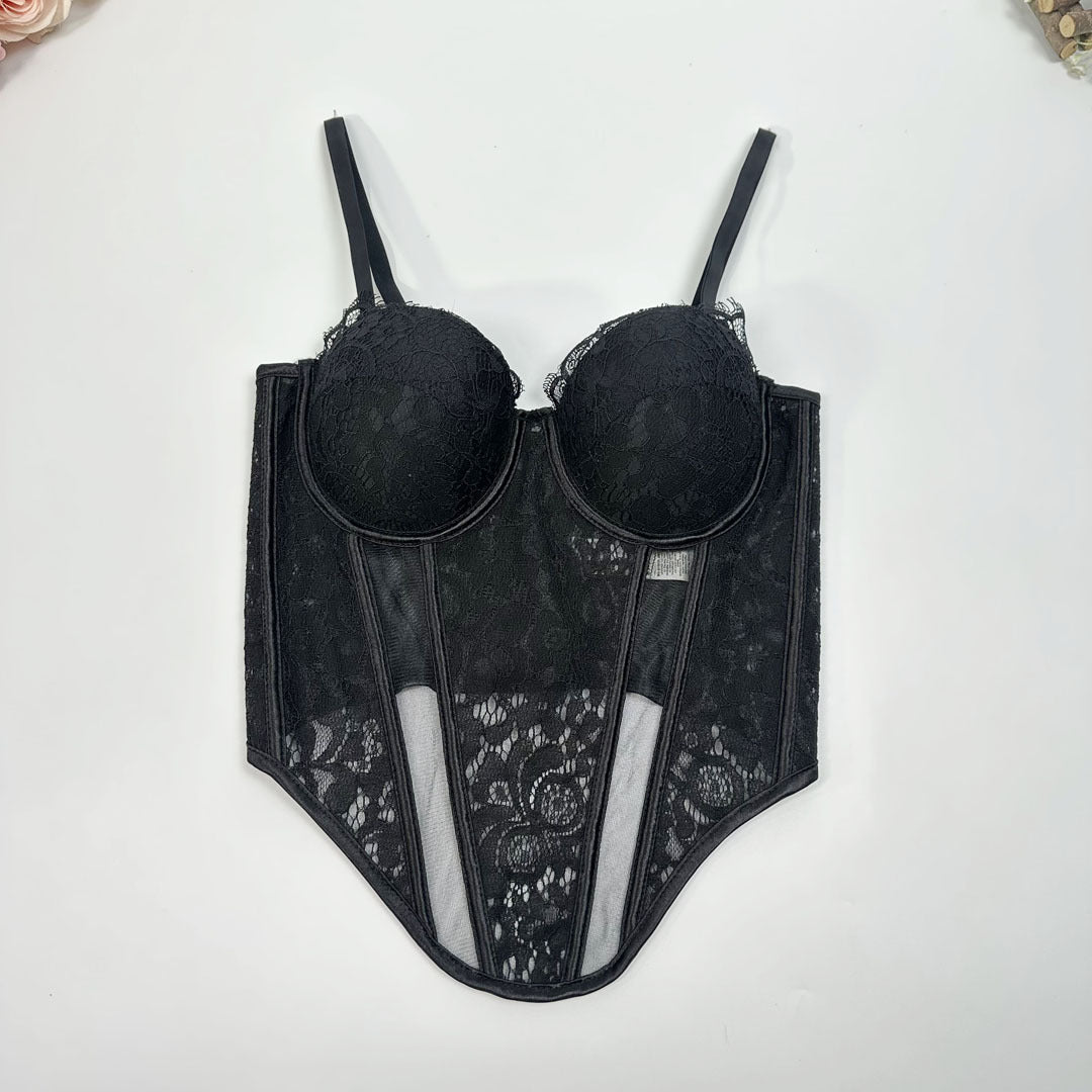 Lace & Mesh Splice Fishbone Corset Bra