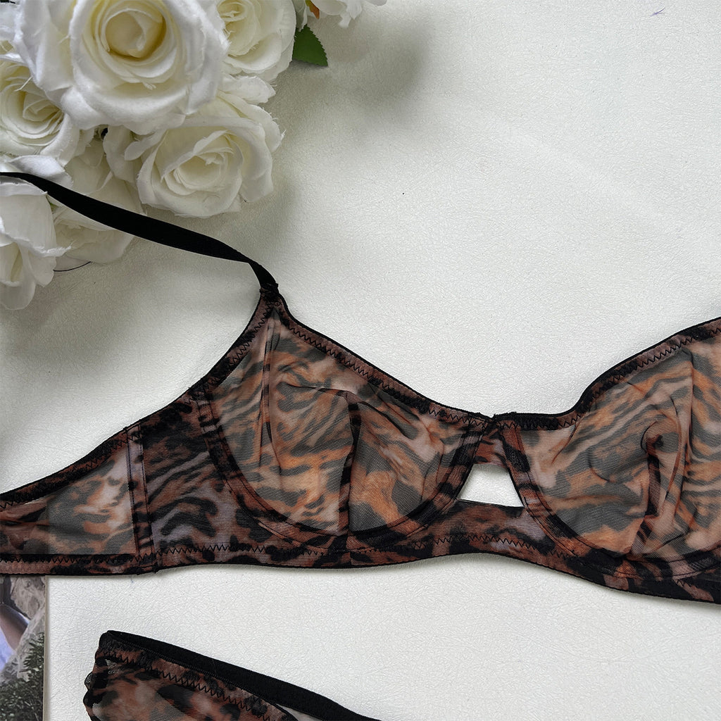 Leopard Print Sheer Mesh Bra Set – French Ultra-Thin, Anti-Sag | 4 Colors
