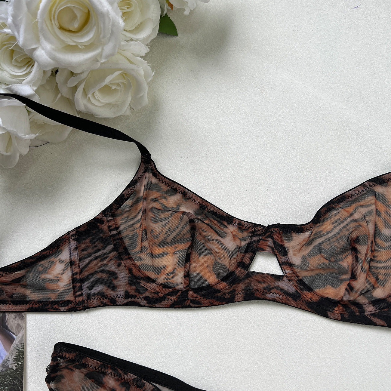 Leopard Print Sheer Mesh Bra Set – French Ultra-Thin, Anti-Sag | 4 Colors