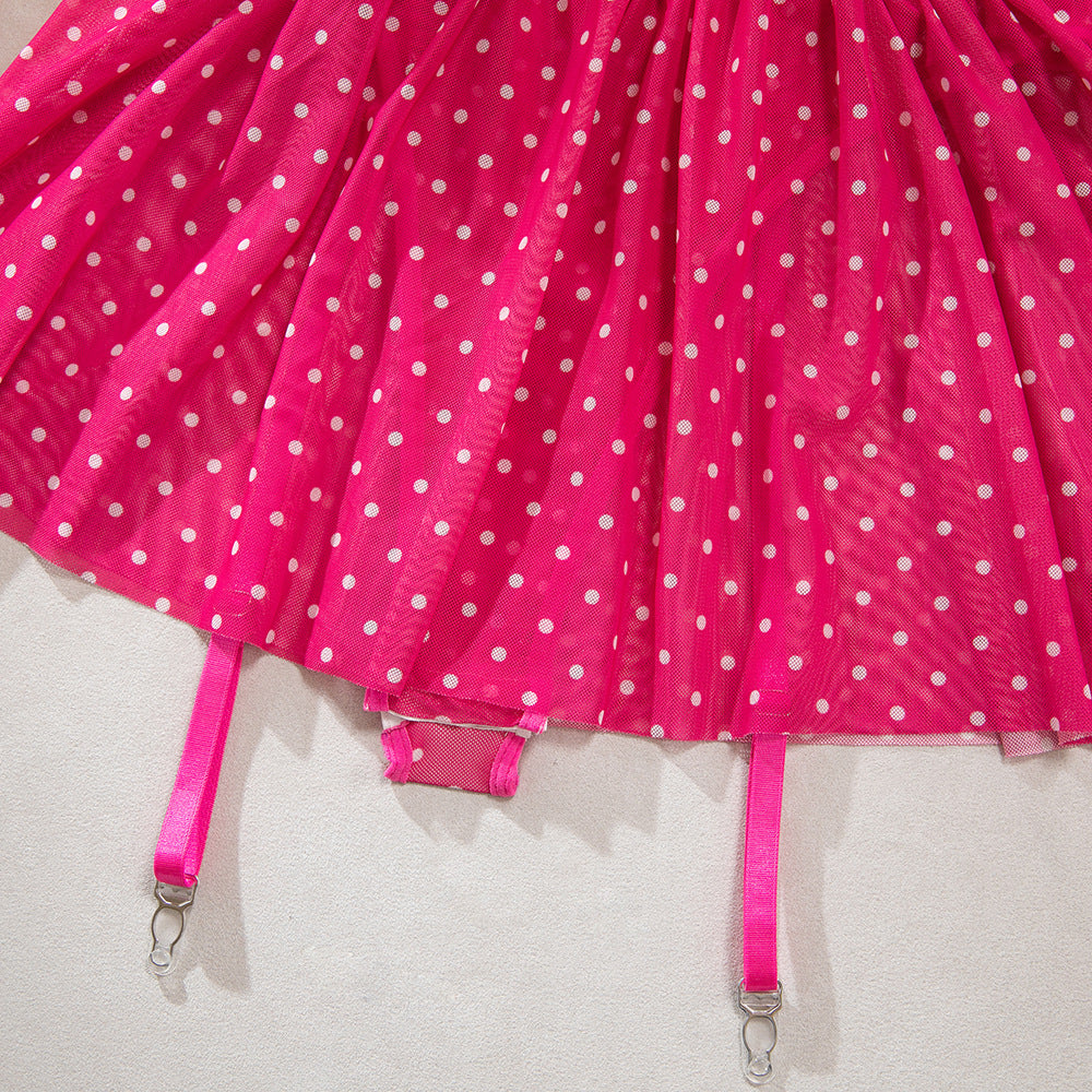 Rose Polka Dot Embroidery Patchwork Gathering Slip Dress with Stockings