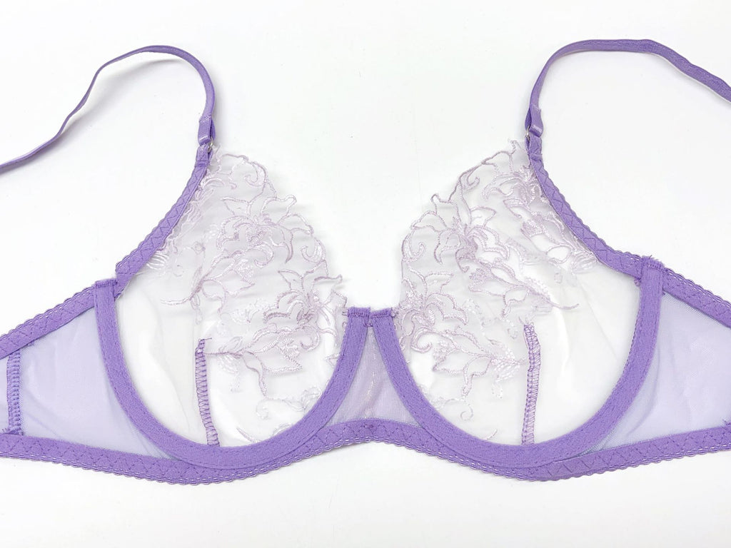 Lace Bra, Thong & Leg Ring Set – Sheer Embroidery, 3-Piece