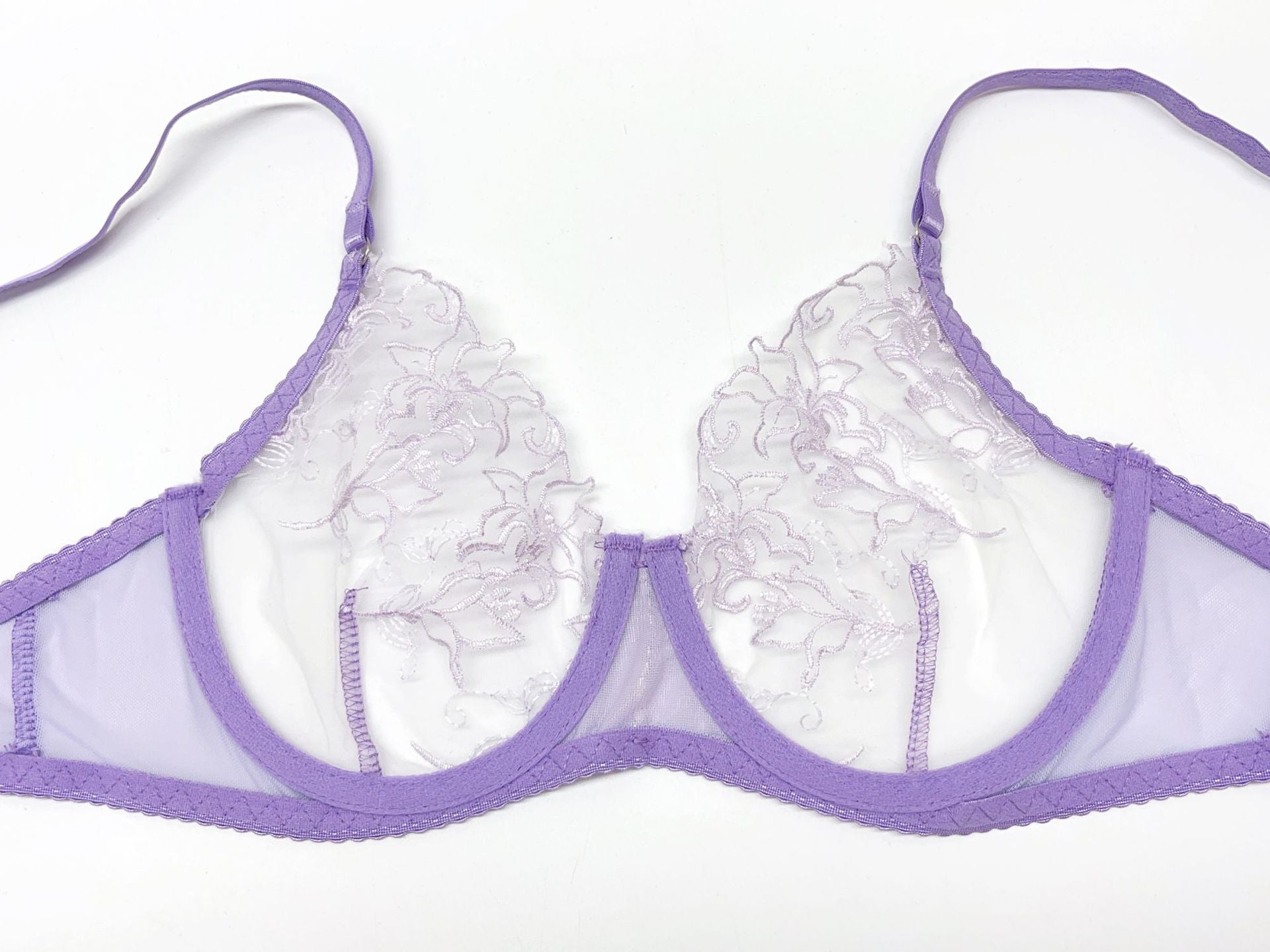 Lace Bra, Thong & Leg Ring Set – Sheer Embroidery, 3-Piece