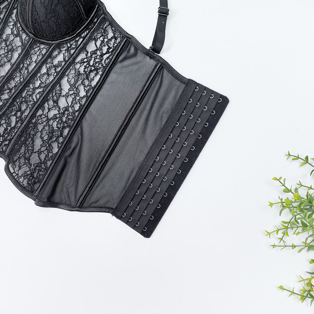 Mesh Off-Shoulder Lace Fishbone Corset Bra