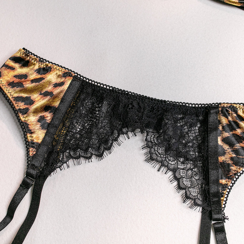Leopard Print Lace Patchwork 3-Piece Lingerie Set