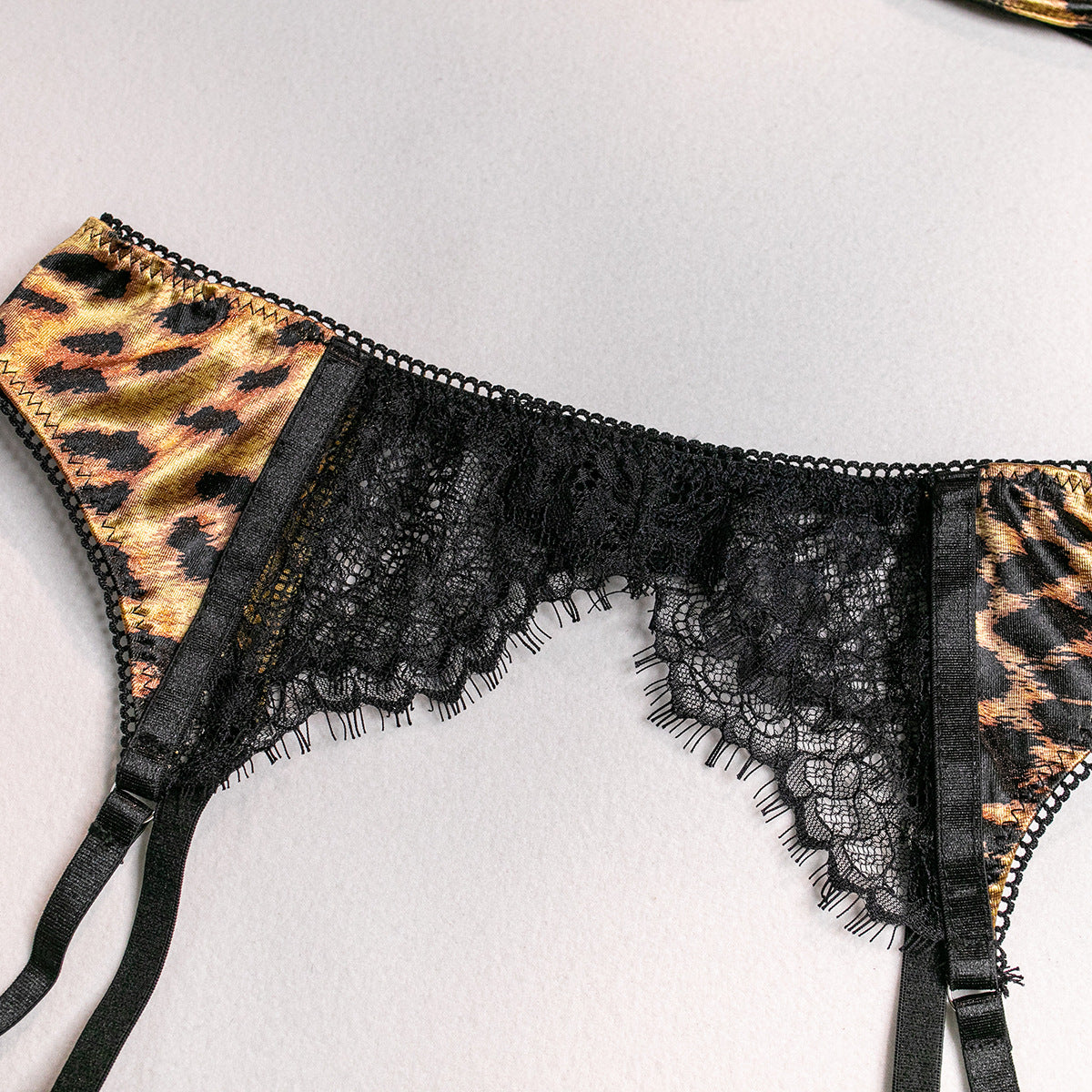 Leopard Print Lace Patchwork 3-Piece Lingerie Set