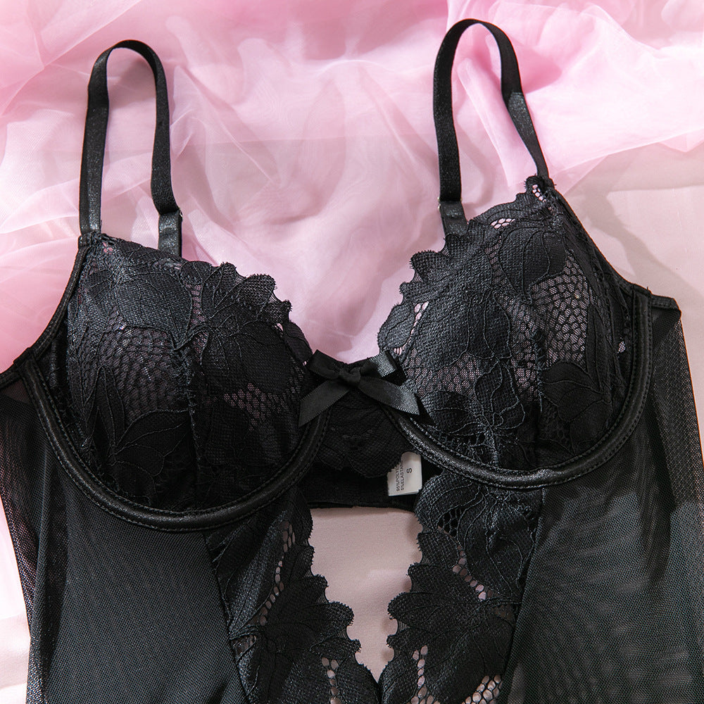 Lace Frill Mesh Waist-Cinching Bodysuit with Silk Stockings