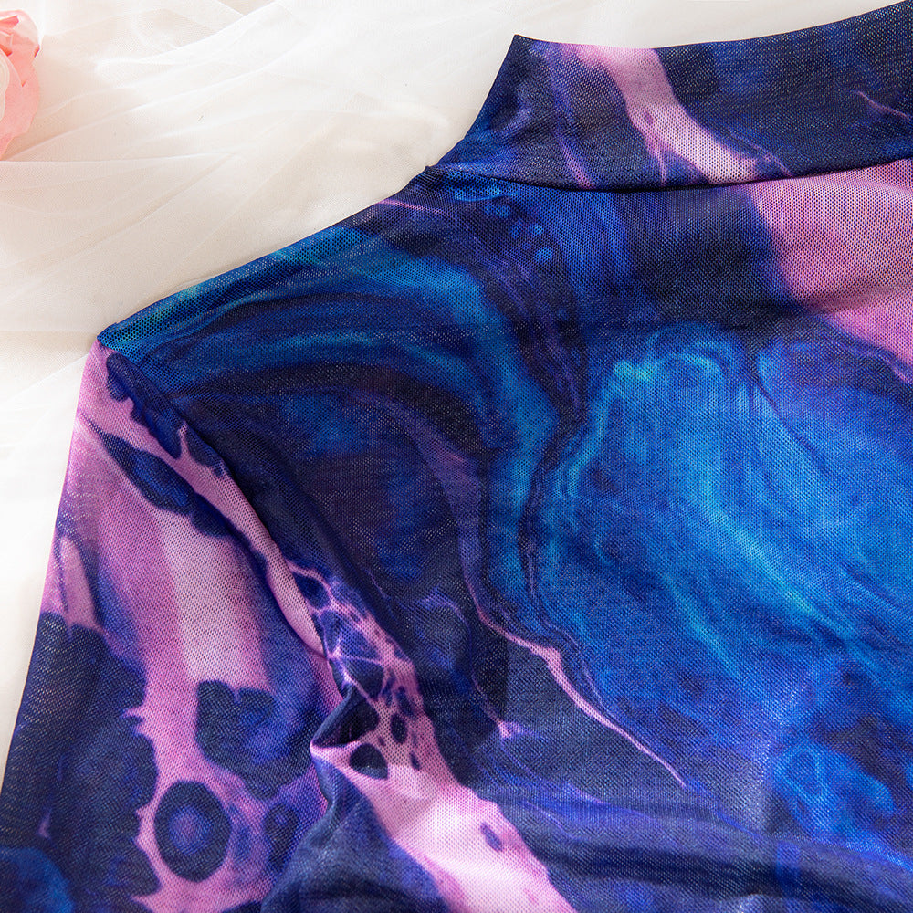 Tie-Dye Sheer Mesh High Neck Slit Dress Set