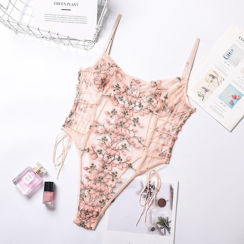 Lace Floral Embroidery Sheer Bodysuit