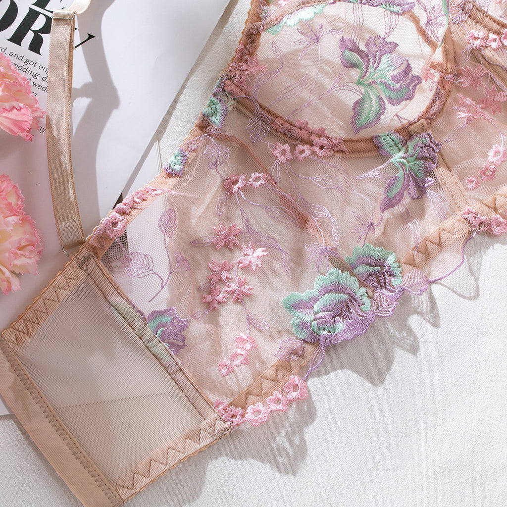 Sheer Mesh Boned Underwire Embroidered Lingerie Set