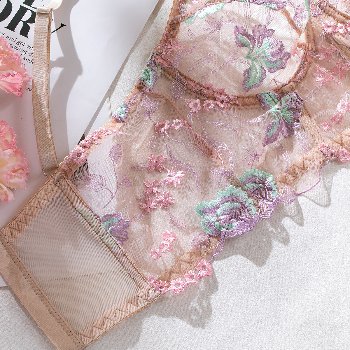 Sheer Mesh Boned Underwire Embroidered Lingerie Set