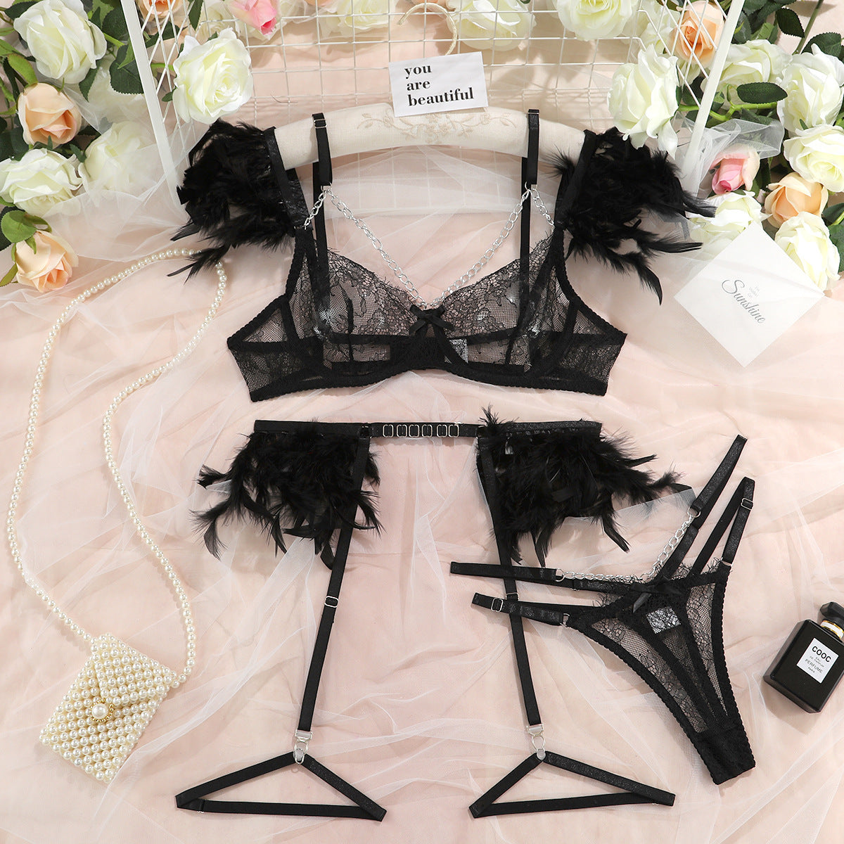 Feather Trim Lace Chain Slim Lingerie Set