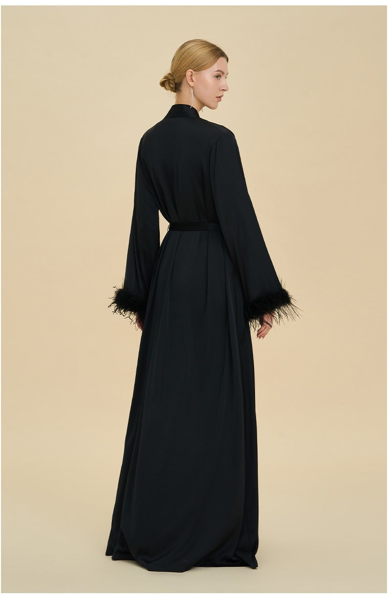Feather Trim Luxury Robe | High-End Satin Bathrobe for Women