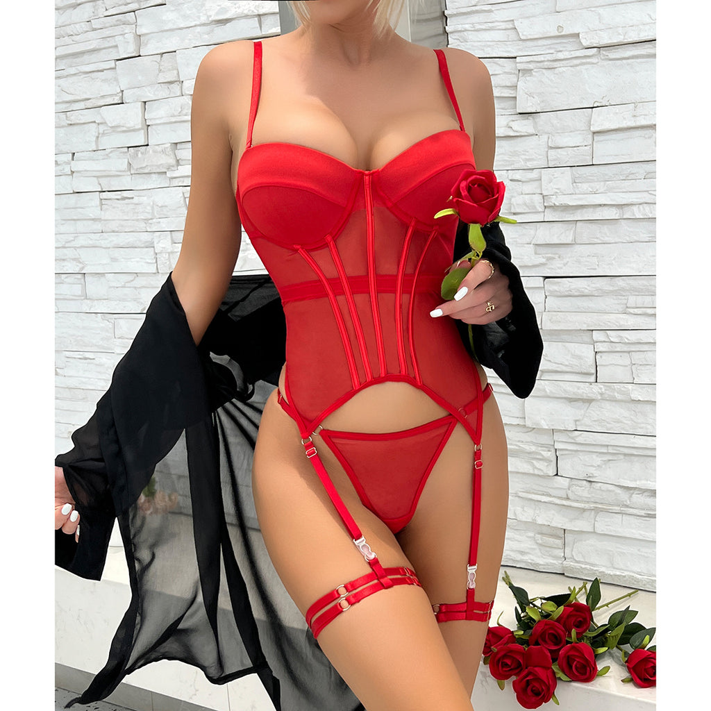 Mesh Underwire Gathering Garter Lingerie Set