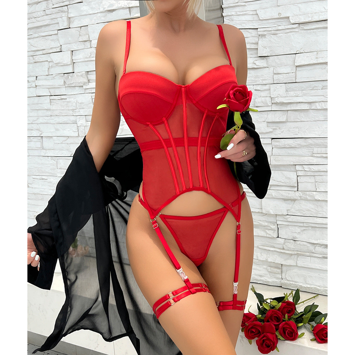 Mesh Underwire Gathering Garter Lingerie Set