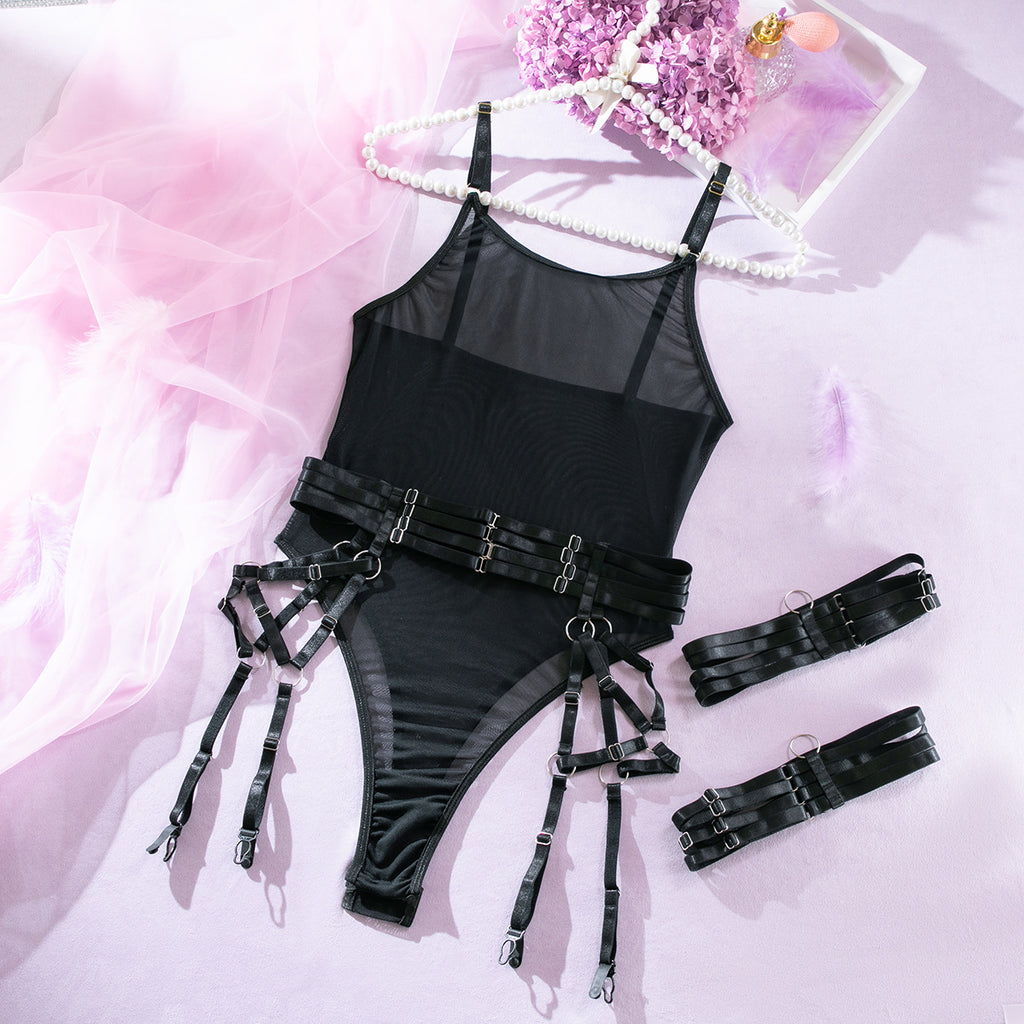 Noir Mesh Strap Splice Sheer Lingerie Set