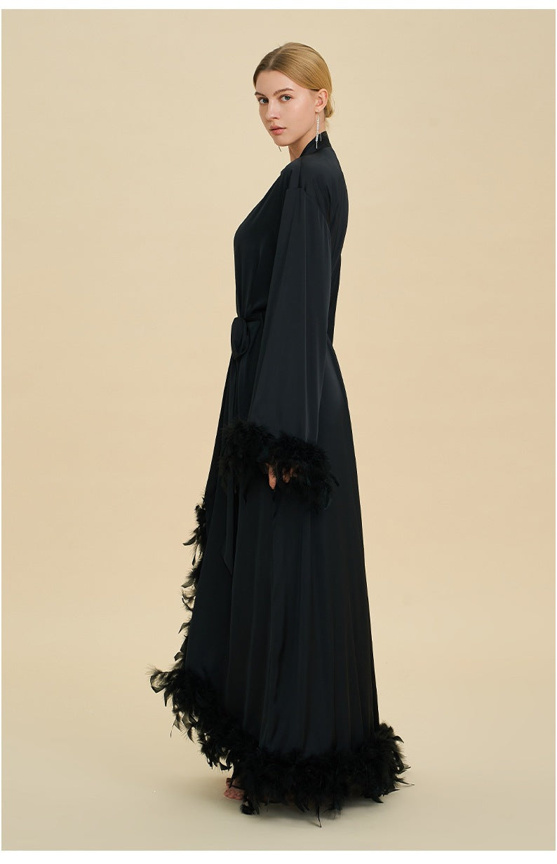 Feather Cardigan & Slip Dress Set | Luxury Long-Sleeve Loungewear